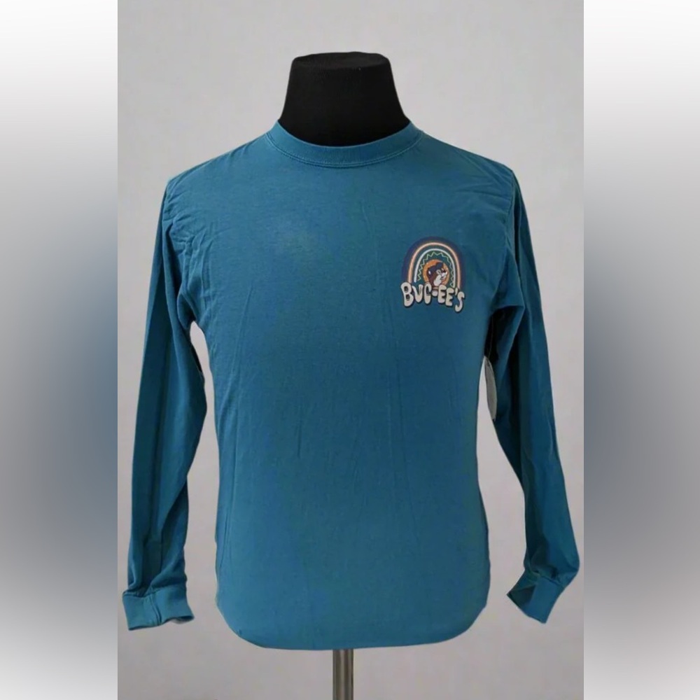 Buc-ee's Long Sleeve Tee Women’s Sz Large Teal Love Flowers Rainbow Travel